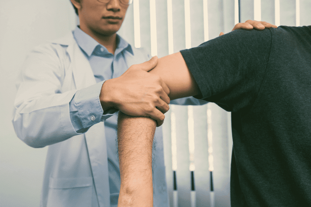 Doctor examining shoulder injury