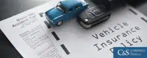 Vehicle insurance policy form and a car key on the table