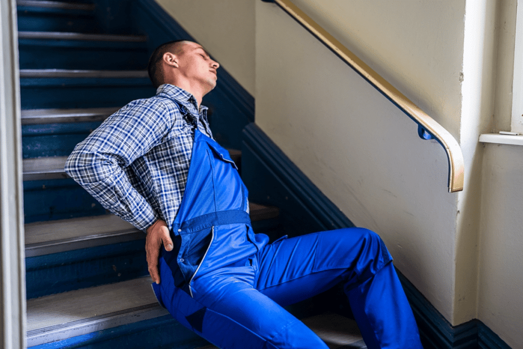 Worker after he fell on stairs