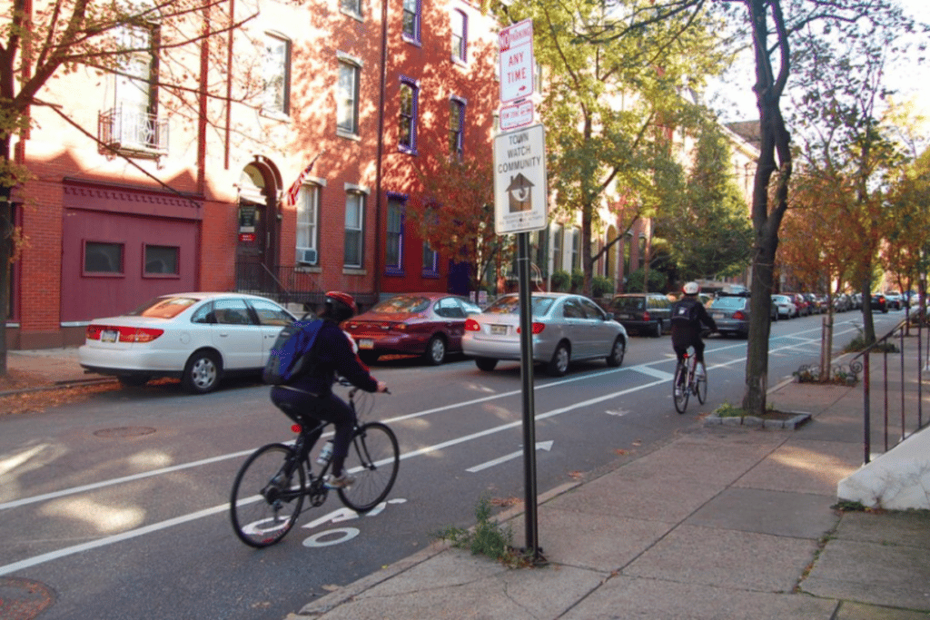 Bicyclists riding through Philadelphia