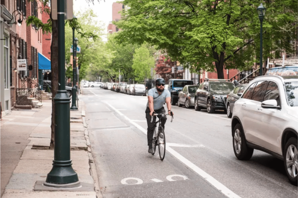 Biker commuting near Philadelphia