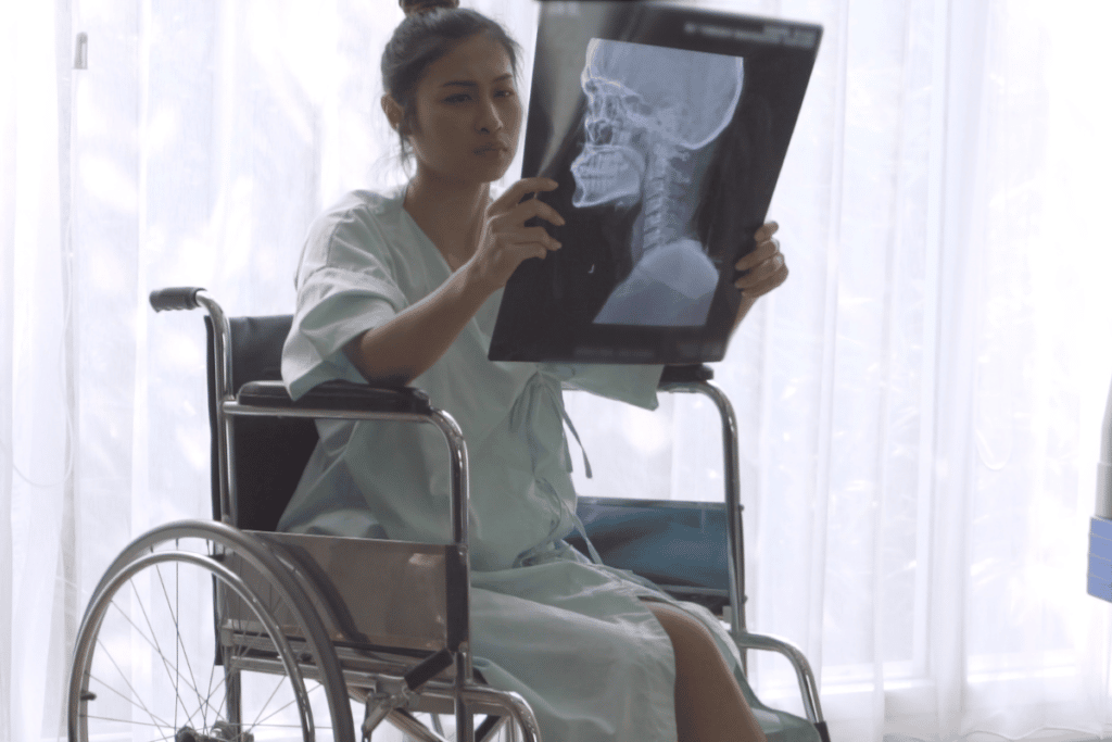 Patient in wheelchair looking at brain x-ray