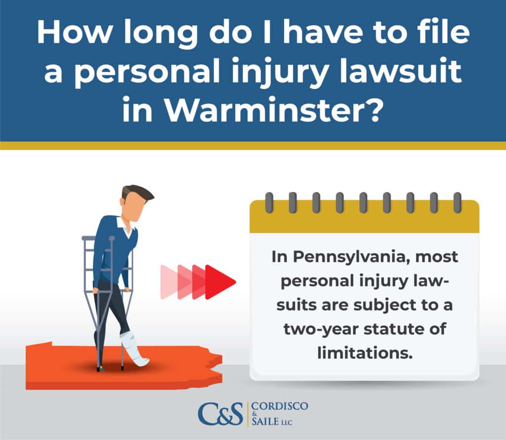 infographic answering the question "how long do I have to file for a personal in jury lawsuit in "Warminster" and also featuring an image of a man in a crutches