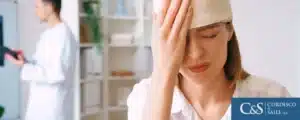Woman holding her head because of a severe pain