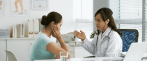 woman speaking with doctor