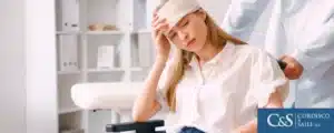 Woman with head injury sitting on a wheelchair