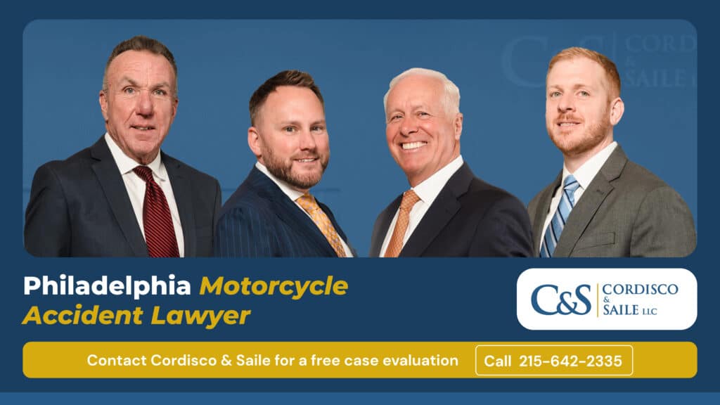 4 philadelphia motorcycle accident lawyers pose for a photo with logo and phone number