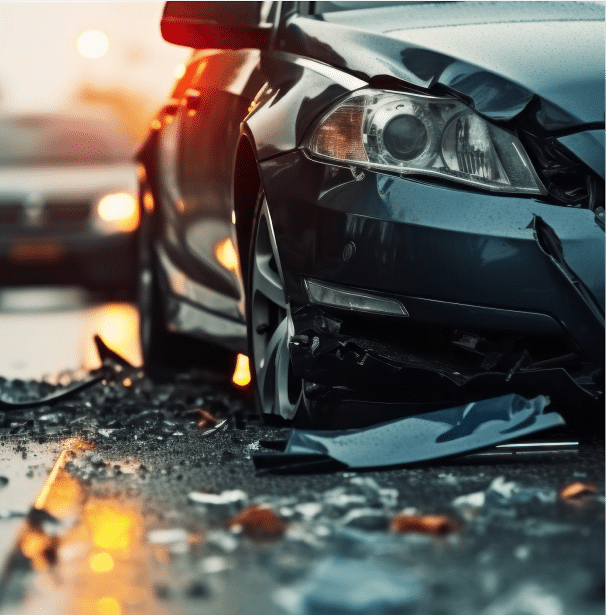 car driving through vehicle wreckage after car crash