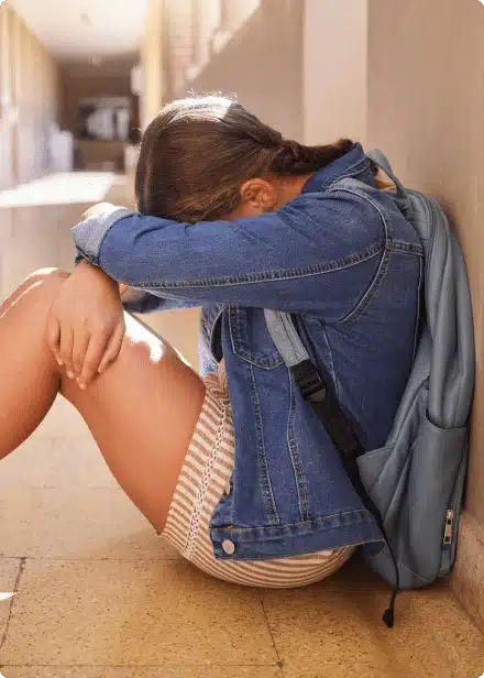 upset child sitting on hallway floor