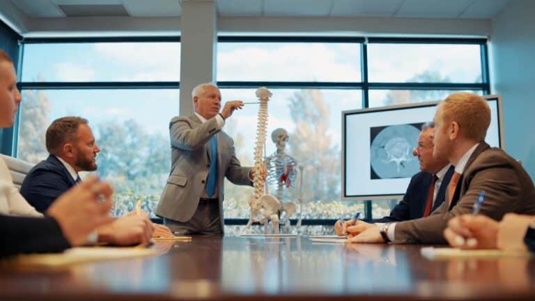 John Cordisco indicating client injuries on skeleton