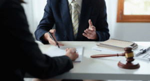 Personal injury lawyer working discussing a case